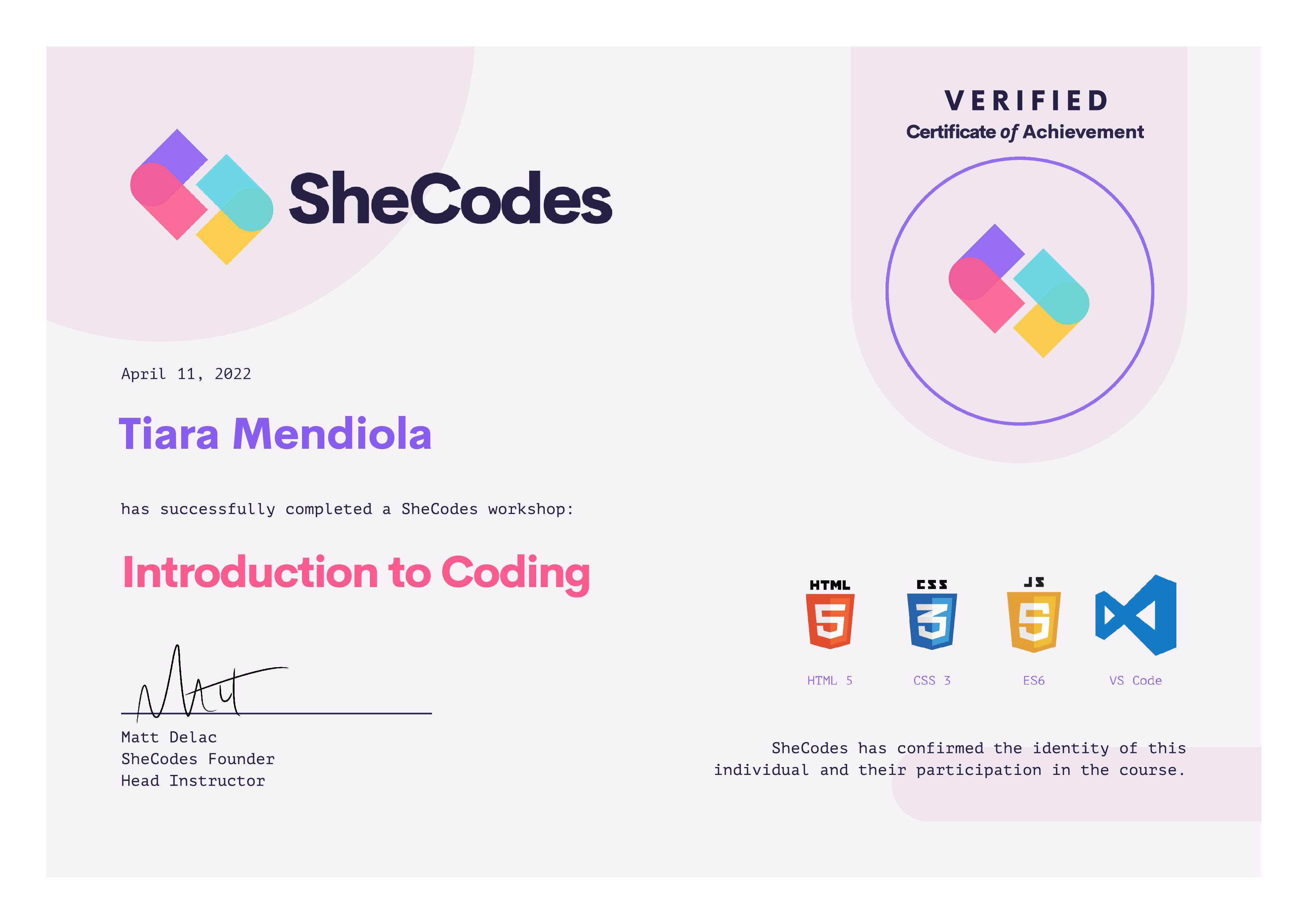 Image of Tiara's SheCodes: Introduction to Coding Certificate